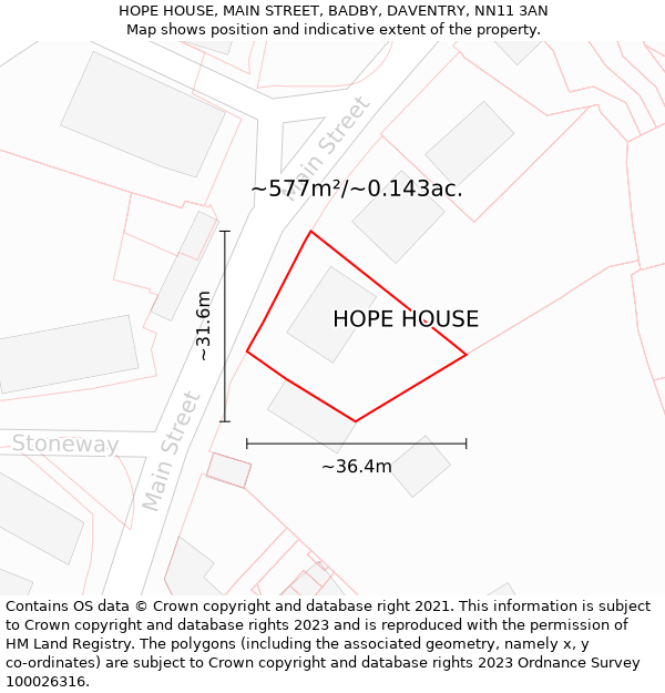 HOPE HOUSE, MAIN STREET, BADBY, DAVENTRY, NN11 3AN: Plot and title map
