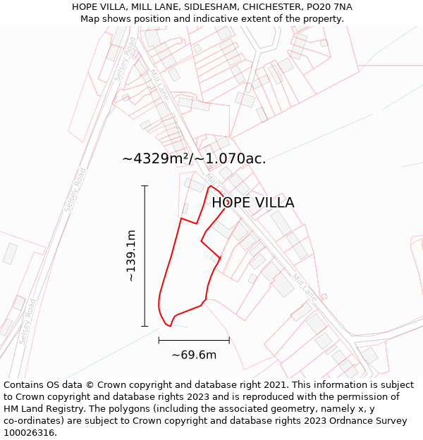 HOPE VILLA, MILL LANE, SIDLESHAM, CHICHESTER, PO20 7NA: Plot and title map