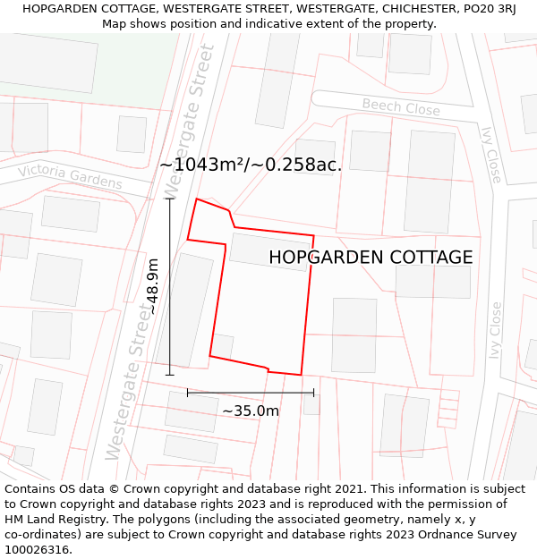 HOPGARDEN COTTAGE, WESTERGATE STREET, WESTERGATE, CHICHESTER, PO20 3RJ: Plot and title map