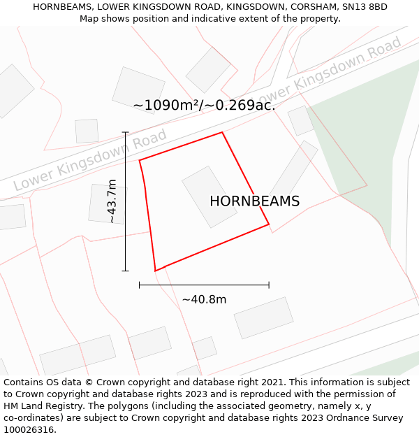 HORNBEAMS, LOWER KINGSDOWN ROAD, KINGSDOWN, CORSHAM, SN13 8BD: Plot and title map