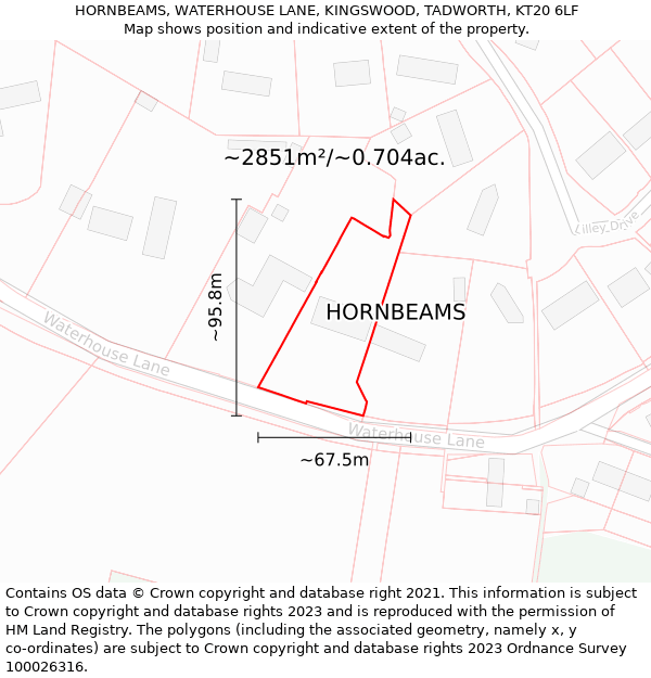 HORNBEAMS, WATERHOUSE LANE, KINGSWOOD, TADWORTH, KT20 6LF: Plot and title map