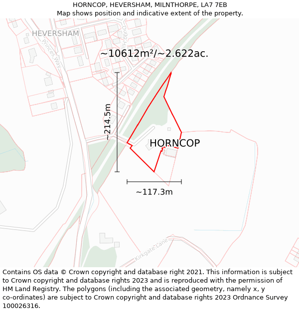 HORNCOP, HEVERSHAM, MILNTHORPE, LA7 7EB: Plot and title map