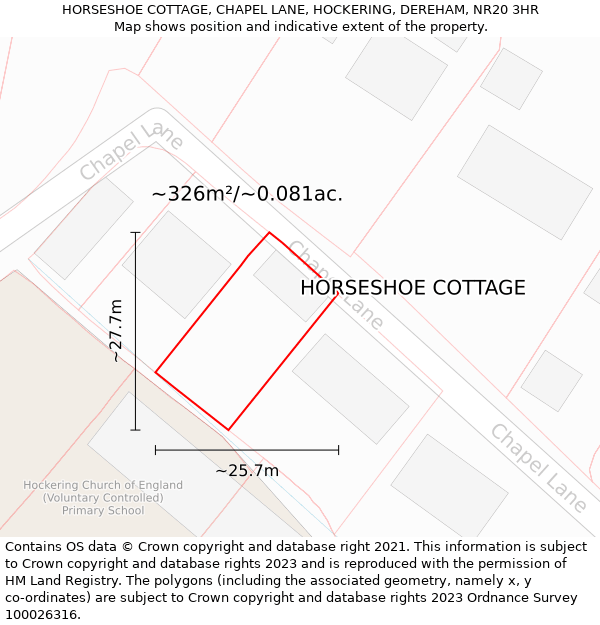 HORSESHOE COTTAGE, CHAPEL LANE, HOCKERING, DEREHAM, NR20 3HR: Plot and title map