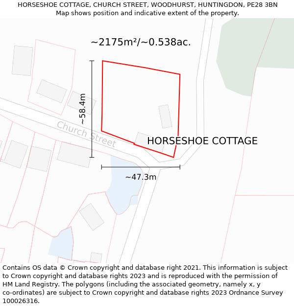 HORSESHOE COTTAGE, CHURCH STREET, WOODHURST, HUNTINGDON, PE28 3BN: Plot and title map