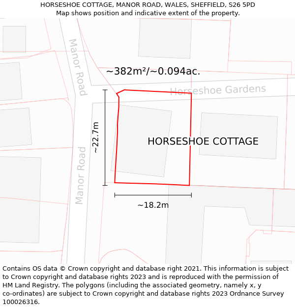 HORSESHOE COTTAGE, MANOR ROAD, WALES, SHEFFIELD, S26 5PD: Plot and title map