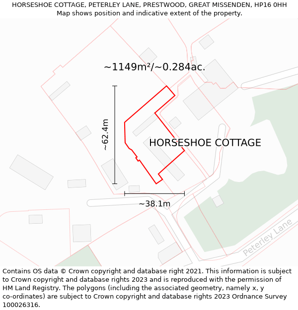 HORSESHOE COTTAGE, PETERLEY LANE, PRESTWOOD, GREAT MISSENDEN, HP16 0HH: Plot and title map