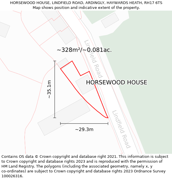 HORSEWOOD HOUSE, LINDFIELD ROAD, ARDINGLY, HAYWARDS HEATH, RH17 6TS: Plot and title map