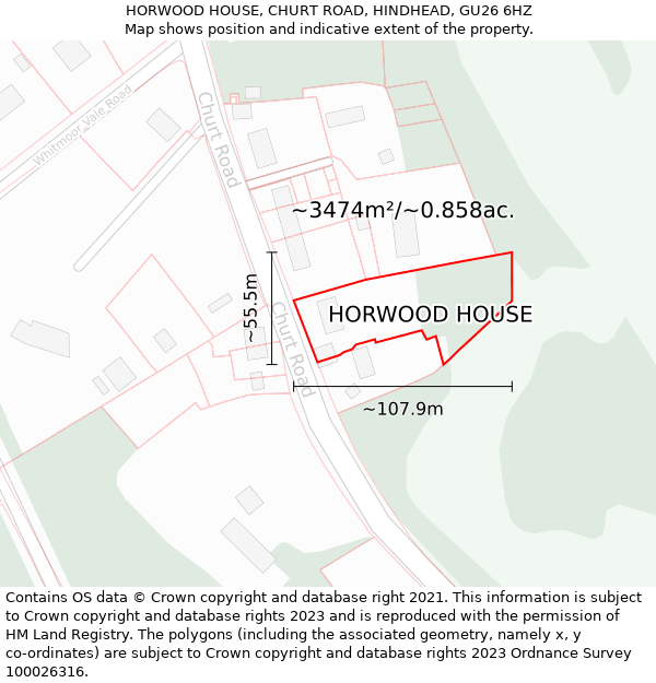 HORWOOD HOUSE, CHURT ROAD, HINDHEAD, GU26 6HZ: Plot and title map