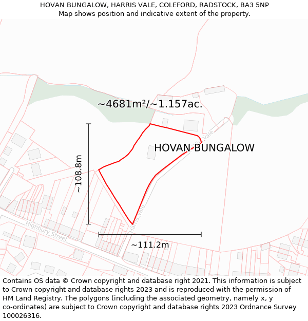 HOVAN BUNGALOW, HARRIS VALE, COLEFORD, RADSTOCK, BA3 5NP: Plot and title map