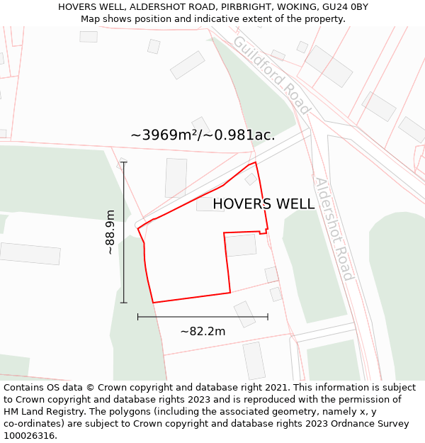 HOVERS WELL, ALDERSHOT ROAD, PIRBRIGHT, WOKING, GU24 0BY: Plot and title map