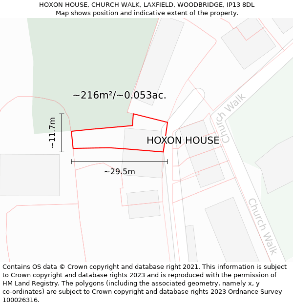 HOXON HOUSE, CHURCH WALK, LAXFIELD, WOODBRIDGE, IP13 8DL: Plot and title map