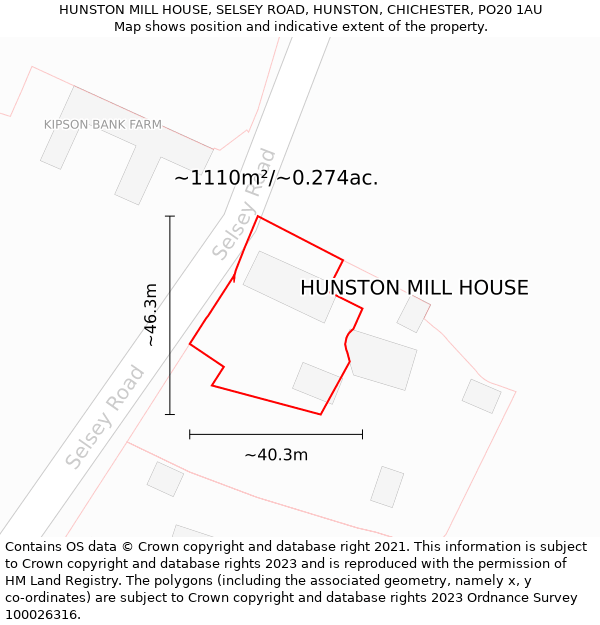 HUNSTON MILL HOUSE, SELSEY ROAD, HUNSTON, CHICHESTER, PO20 1AU: Plot and title map