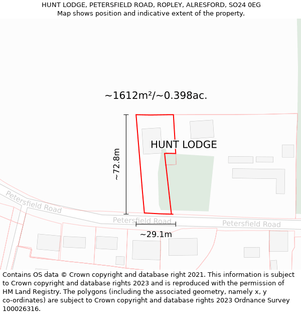 HUNT LODGE, PETERSFIELD ROAD, ROPLEY, ALRESFORD, SO24 0EG: Plot and title map