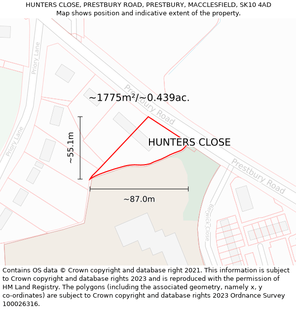 HUNTERS CLOSE, PRESTBURY ROAD, PRESTBURY, MACCLESFIELD, SK10 4AD: Plot and title map