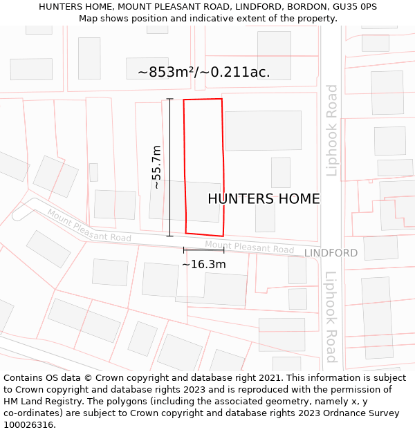 HUNTERS HOME, MOUNT PLEASANT ROAD, LINDFORD, BORDON, GU35 0PS: Plot and title map