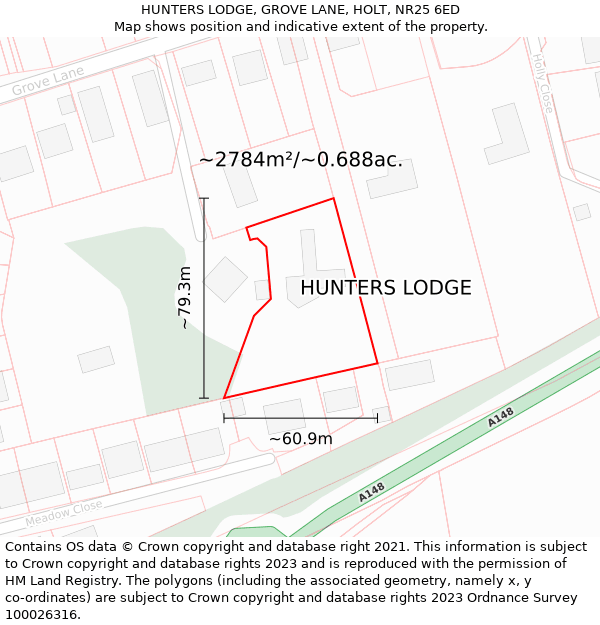 HUNTERS LODGE, GROVE LANE, HOLT, NR25 6ED: Plot and title map