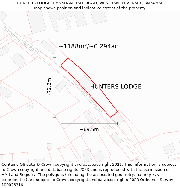 HUNTERS LODGE, HANKHAM HALL ROAD, WESTHAM, PEVENSEY, BN24 5AE: Plot and title map