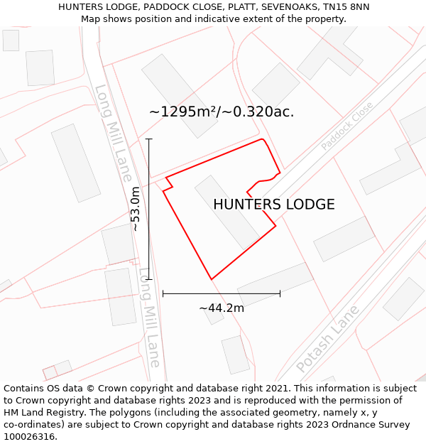 HUNTERS LODGE, PADDOCK CLOSE, PLATT, SEVENOAKS, TN15 8NN: Plot and title map