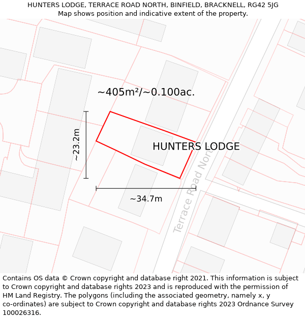 HUNTERS LODGE, TERRACE ROAD NORTH, BINFIELD, BRACKNELL, RG42 5JG: Plot and title map