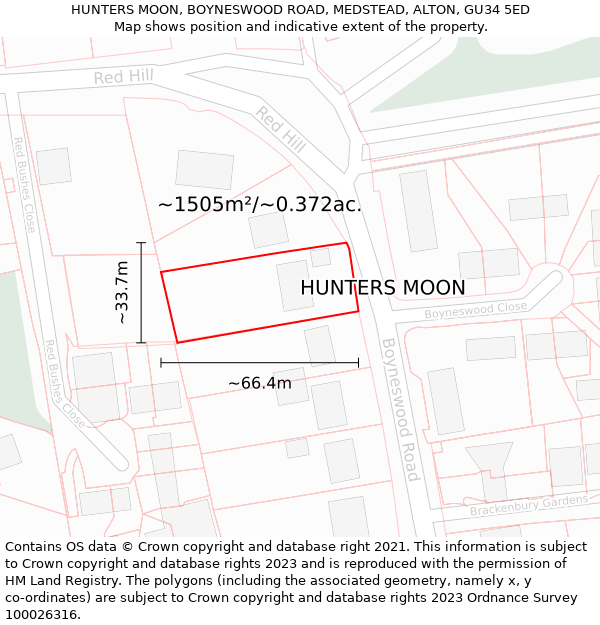 HUNTERS MOON, BOYNESWOOD ROAD, MEDSTEAD, ALTON, GU34 5ED: Plot and title map