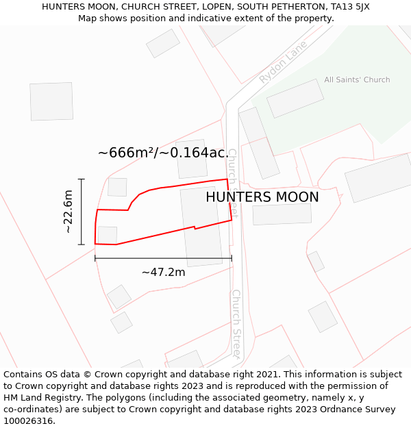 HUNTERS MOON, CHURCH STREET, LOPEN, SOUTH PETHERTON, TA13 5JX: Plot and title map