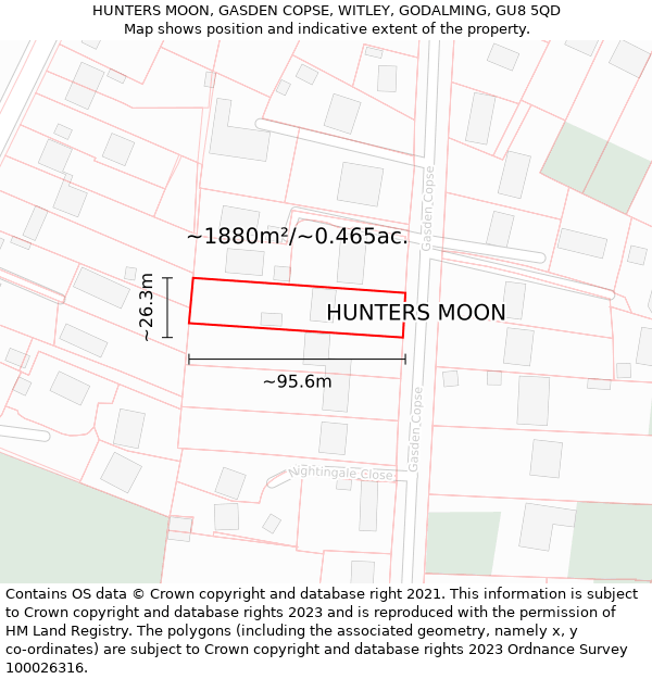 HUNTERS MOON, GASDEN COPSE, WITLEY, GODALMING, GU8 5QD: Plot and title map