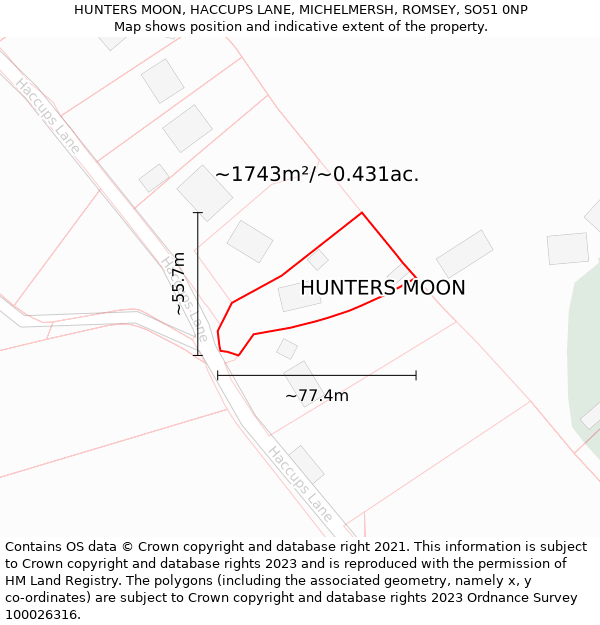 HUNTERS MOON, HACCUPS LANE, MICHELMERSH, ROMSEY, SO51 0NP: Plot and title map