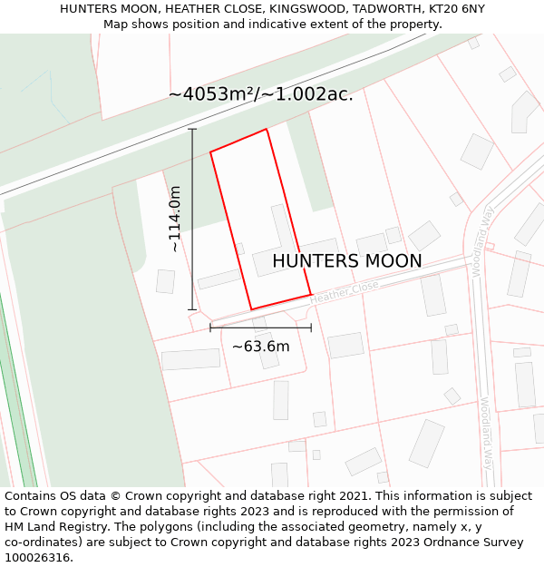 HUNTERS MOON, HEATHER CLOSE, KINGSWOOD, TADWORTH, KT20 6NY: Plot and title map