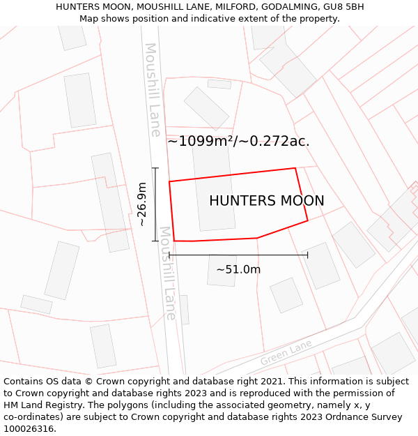 HUNTERS MOON, MOUSHILL LANE, MILFORD, GODALMING, GU8 5BH: Plot and title map