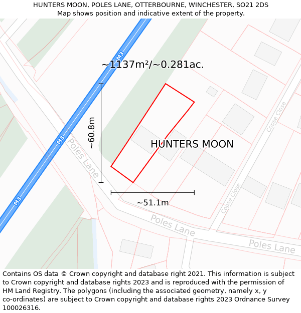 HUNTERS MOON, POLES LANE, OTTERBOURNE, WINCHESTER, SO21 2DS: Plot and title map