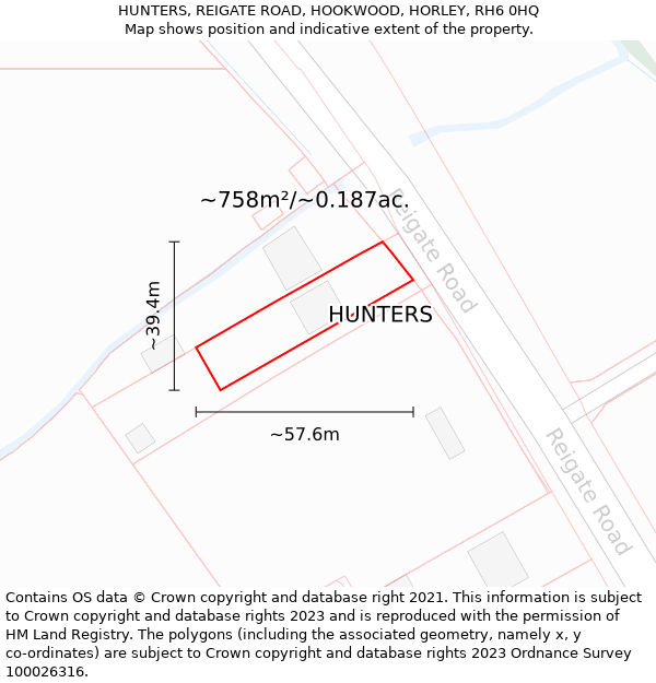 HUNTERS, REIGATE ROAD, HOOKWOOD, HORLEY, RH6 0HQ: Plot and title map