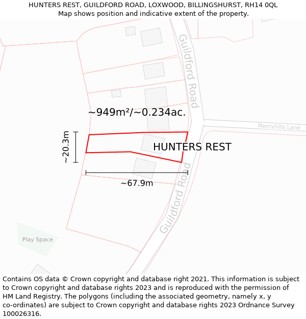 HUNTERS REST, GUILDFORD ROAD, LOXWOOD, BILLINGSHURST, RH14 0QL: Plot and title map