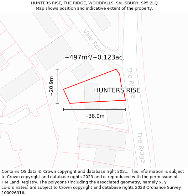 HUNTERS RISE, THE RIDGE, WOODFALLS, SALISBURY, SP5 2LQ: Plot and title map