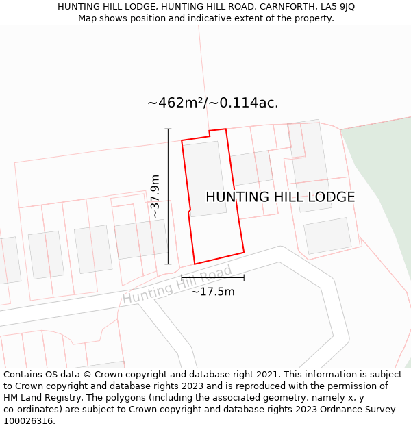 HUNTING HILL LODGE, HUNTING HILL ROAD, CARNFORTH, LA5 9JQ: Plot and title map