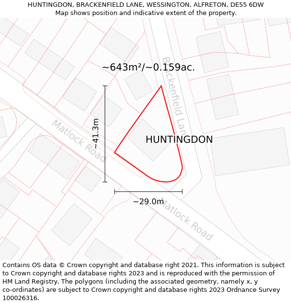 HUNTINGDON, BRACKENFIELD LANE, WESSINGTON, ALFRETON, DE55 6DW: Plot and title map