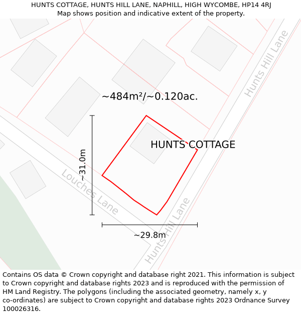 HUNTS COTTAGE, HUNTS HILL LANE, NAPHILL, HIGH WYCOMBE, HP14 4RJ: Plot and title map