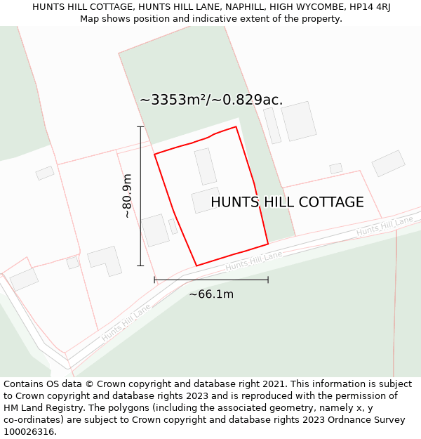 HUNTS HILL COTTAGE, HUNTS HILL LANE, NAPHILL, HIGH WYCOMBE, HP14 4RJ: Plot and title map