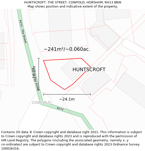 HUNTSCROFT, THE STREET, COWFOLD, HORSHAM, RH13 8BW: Plot and title map