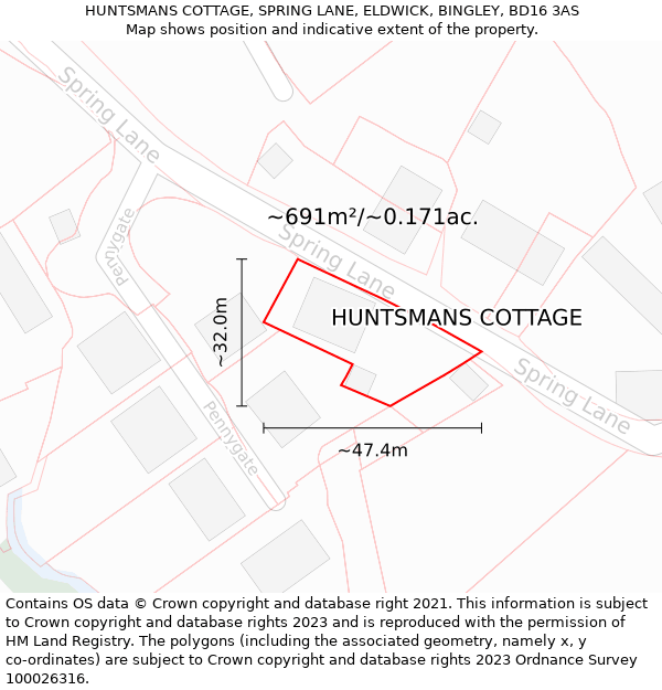 HUNTSMANS COTTAGE, SPRING LANE, ELDWICK, BINGLEY, BD16 3AS: Plot and title map