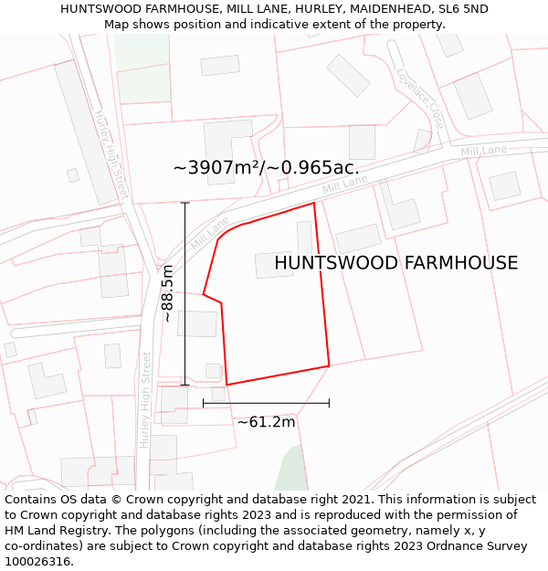 HUNTSWOOD FARMHOUSE, MILL LANE, HURLEY, MAIDENHEAD, SL6 5ND: Plot and title map