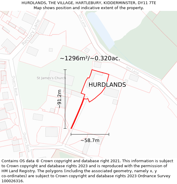 HURDLANDS, THE VILLAGE, HARTLEBURY, KIDDERMINSTER, DY11 7TE: Plot and title map