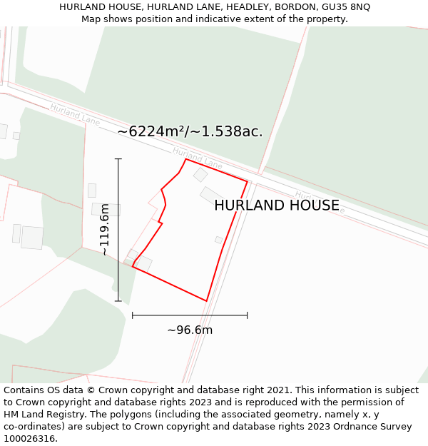 HURLAND HOUSE, HURLAND LANE, HEADLEY, BORDON, GU35 8NQ: Plot and title map