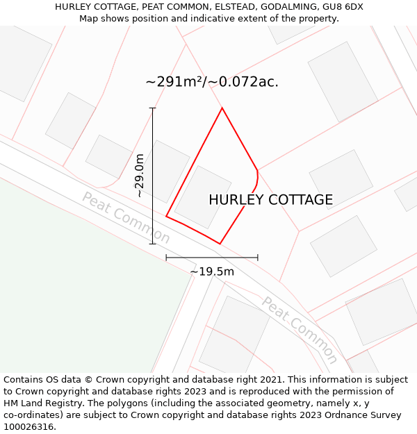 HURLEY COTTAGE, PEAT COMMON, ELSTEAD, GODALMING, GU8 6DX: Plot and title map