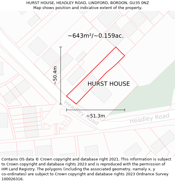 HURST HOUSE, HEADLEY ROAD, LINDFORD, BORDON, GU35 0NZ: Plot and title map