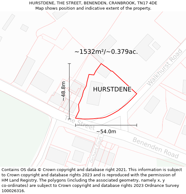 HURSTDENE, THE STREET, BENENDEN, CRANBROOK, TN17 4DE: Plot and title map