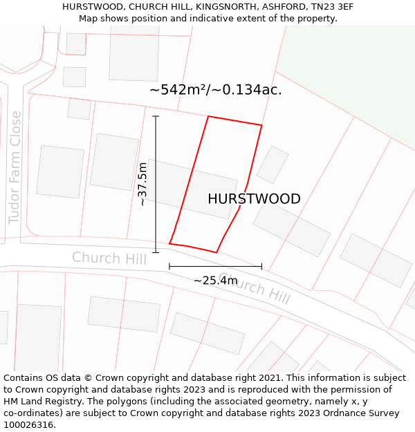 HURSTWOOD, CHURCH HILL, KINGSNORTH, ASHFORD, TN23 3EF: Plot and title map