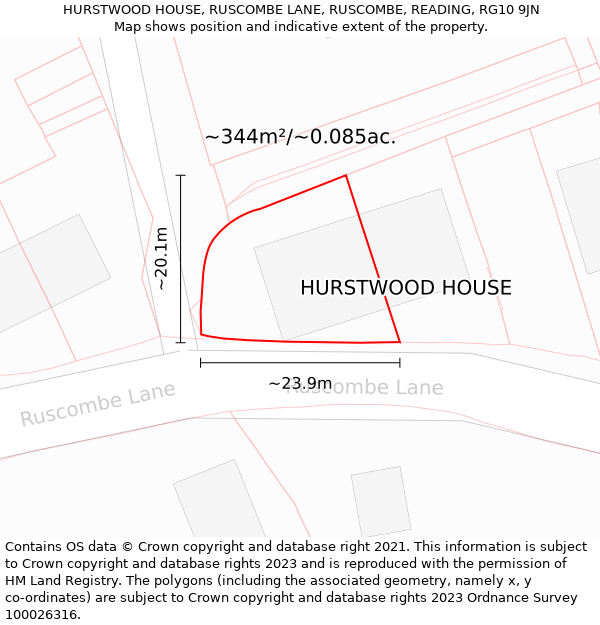 HURSTWOOD HOUSE, RUSCOMBE LANE, RUSCOMBE, READING, RG10 9JN: Plot and title map