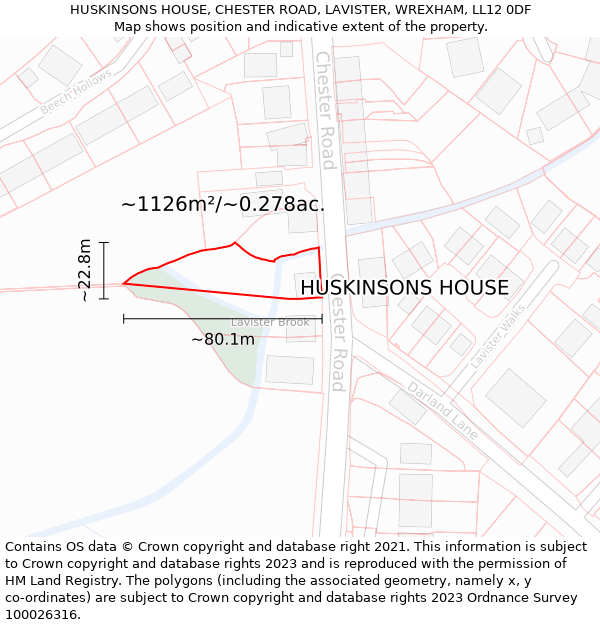 HUSKINSONS HOUSE, CHESTER ROAD, LAVISTER, WREXHAM, LL12 0DF: Plot and title map