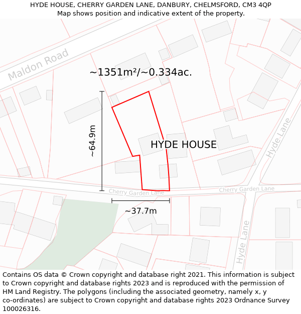 HYDE HOUSE, CHERRY GARDEN LANE, DANBURY, CHELMSFORD, CM3 4QP: Plot and title map