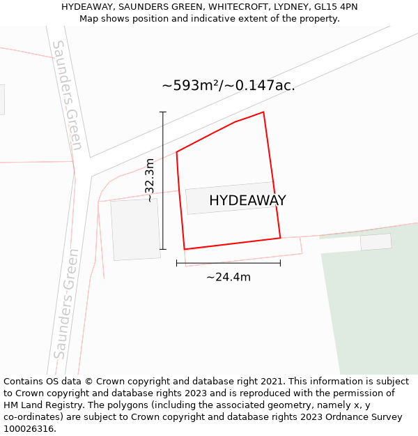 HYDEAWAY, SAUNDERS GREEN, WHITECROFT, LYDNEY, GL15 4PN: Plot and title map